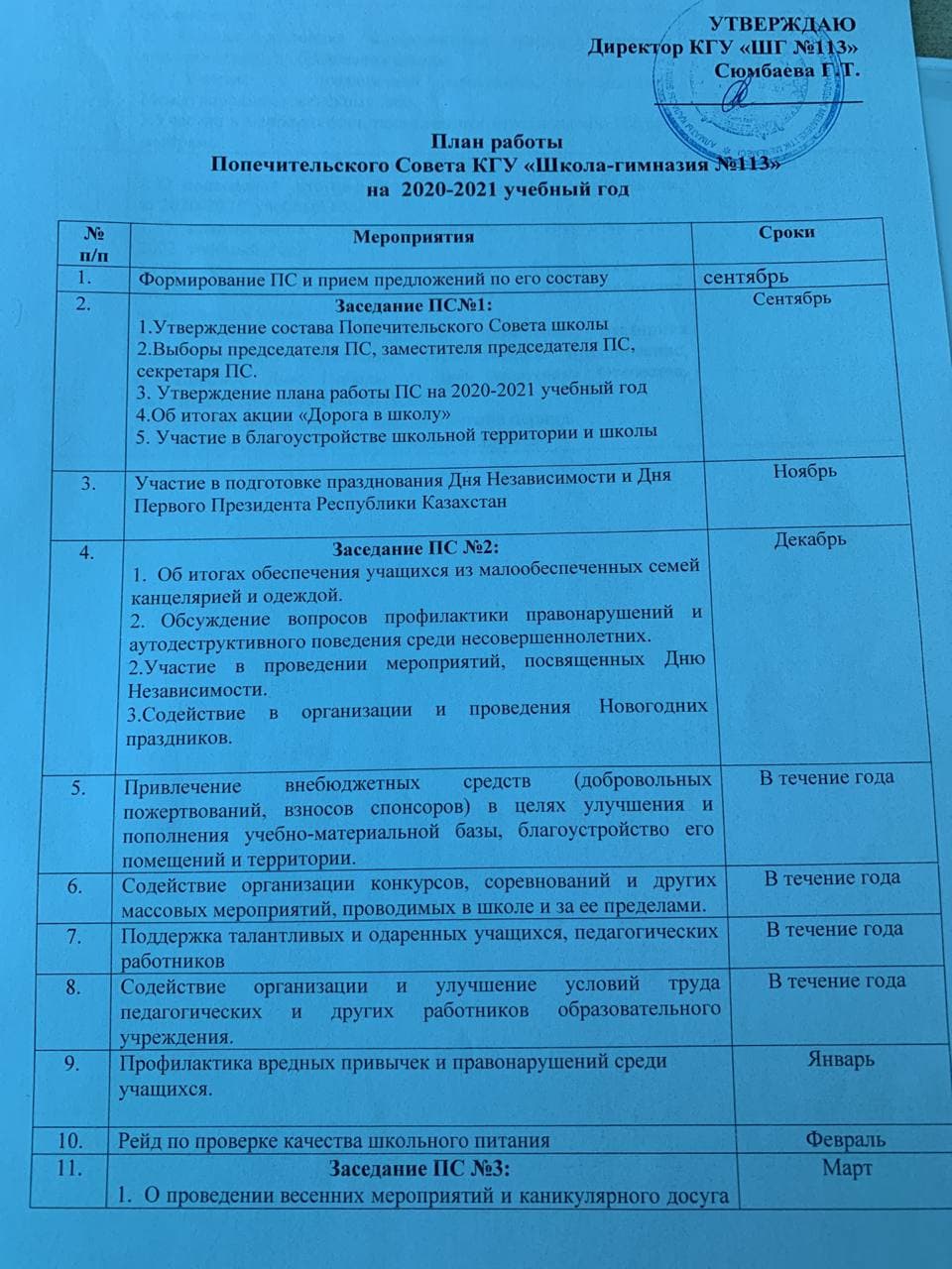 План работы Попечительского Совета КГУ ШГ№113  на 2020-2021 учебный год