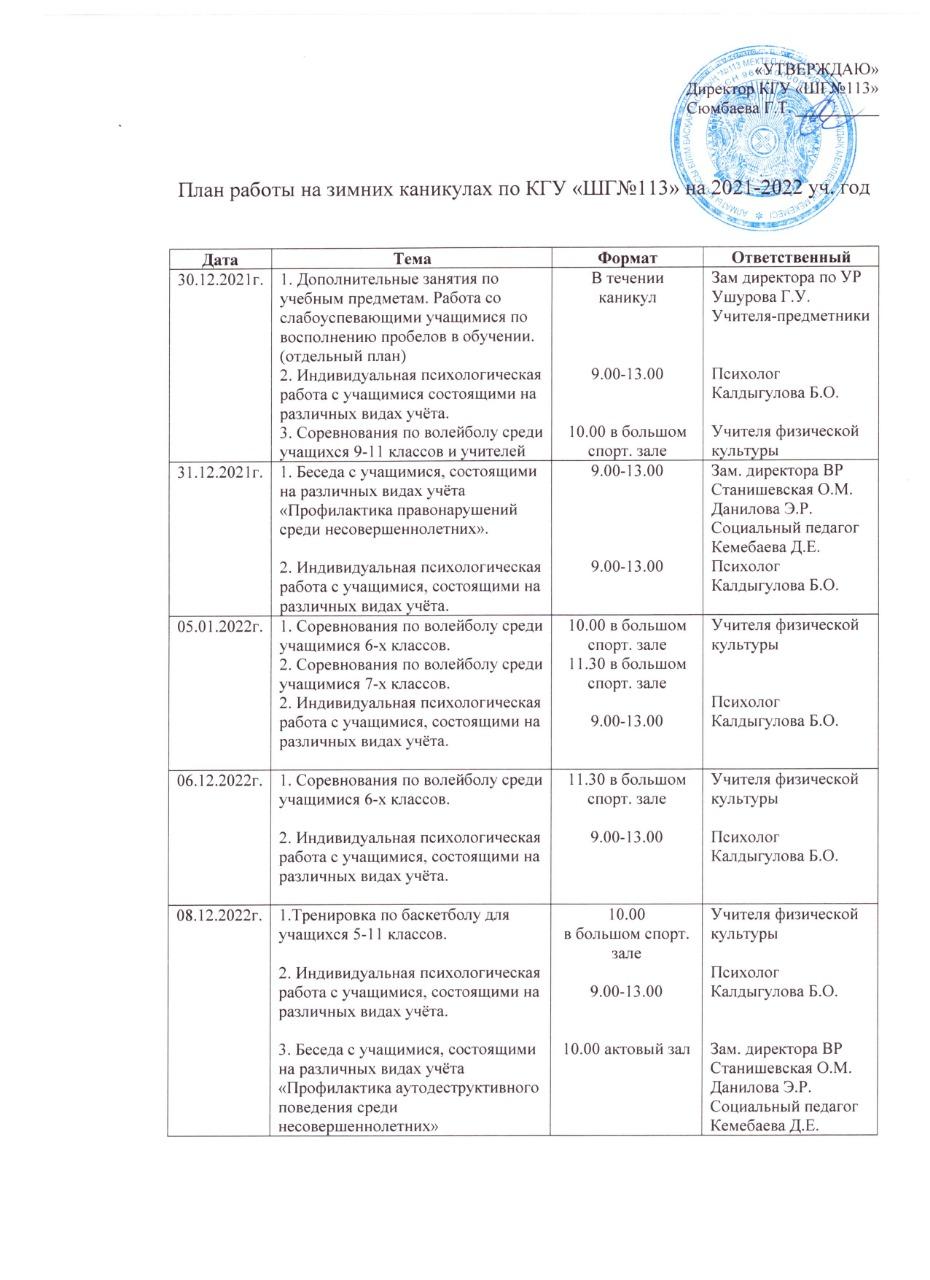 План работы на зимних каникулах по "КГУ ШГ №113" на 2021 - 2022 уч. год