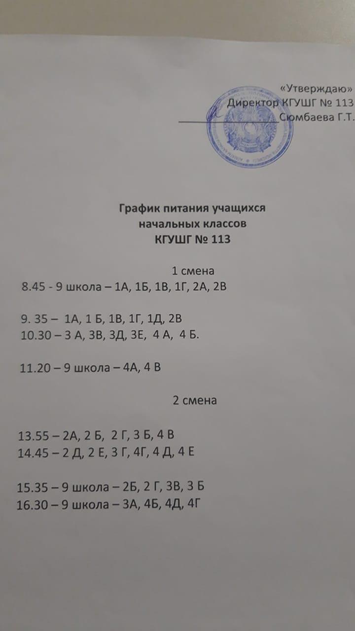График питания учащихся начальных классов КГУ ШГ №113