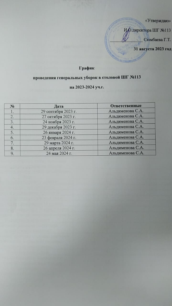 График проведения генеральных уборок в столовой ШГ №113